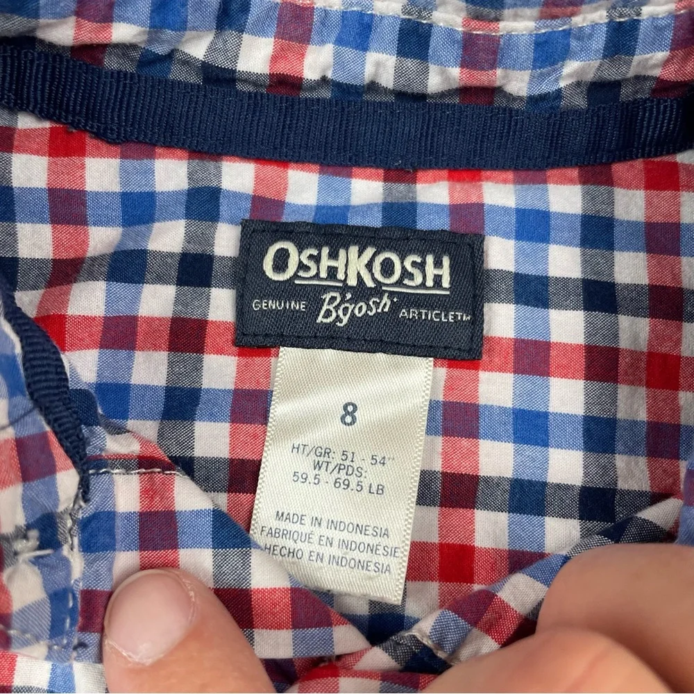 OshKosh B'gosh Red White Blue Plaid Gingham Long Sleeve Button Down Shirt Boy